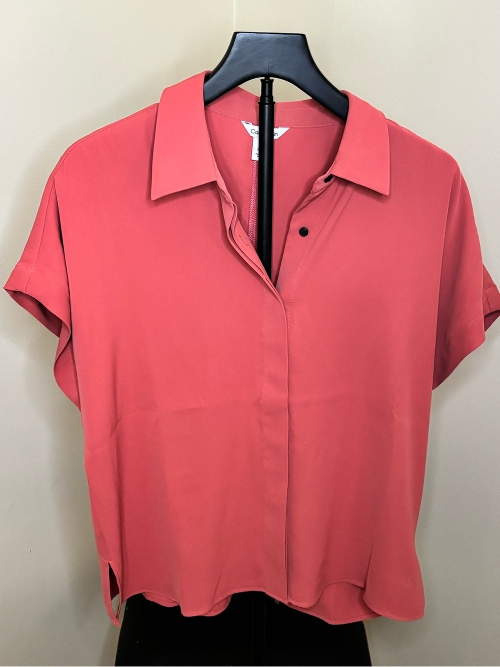 Calvin Klein Coral Pink Short-Sleeve Collared Blouse